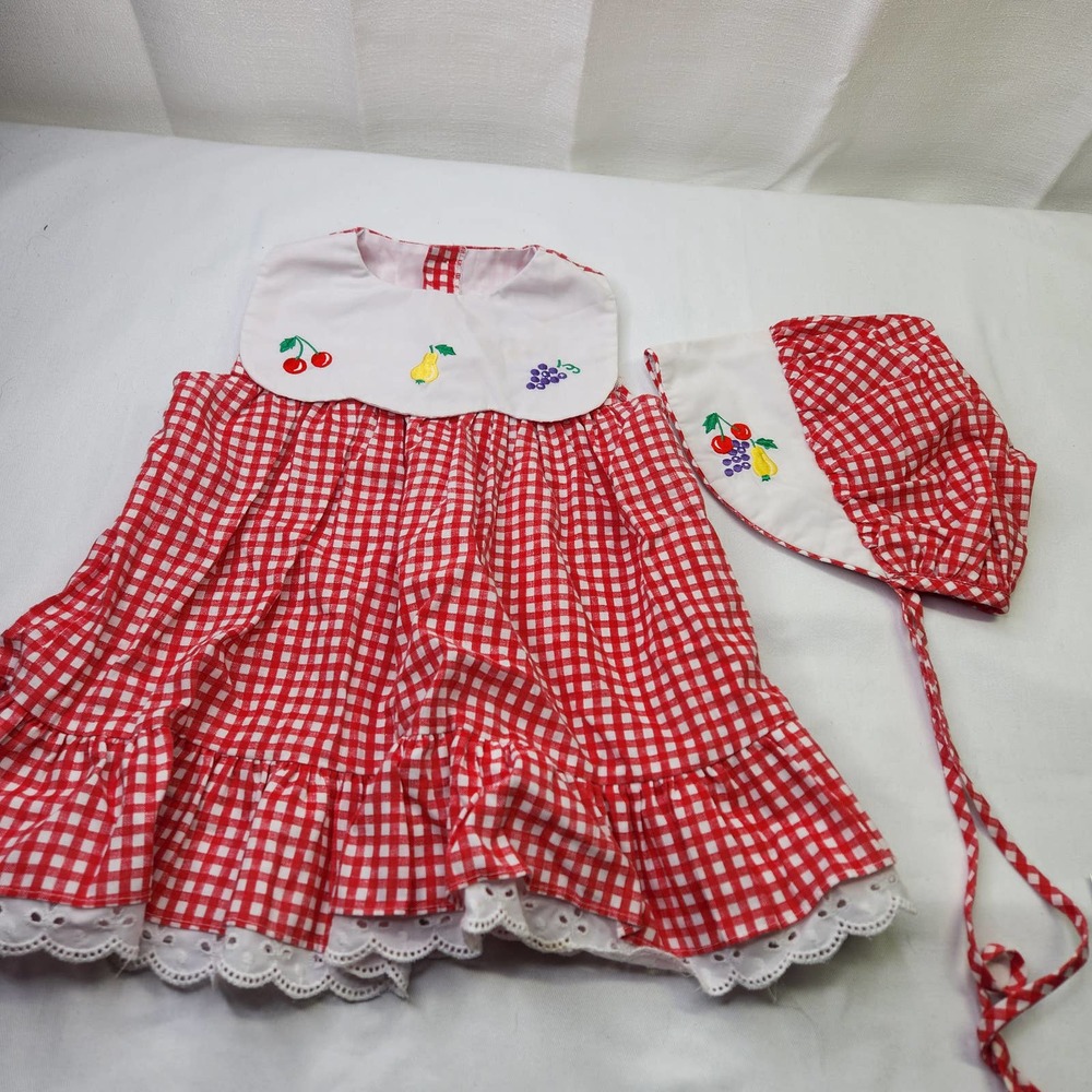 Vintage Kids Matching Set Red and White Gingham Dress with Bonnet
